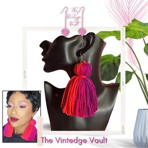 NEW Handmade large bohemian purple pink crochet yarn tassel fringe earrings